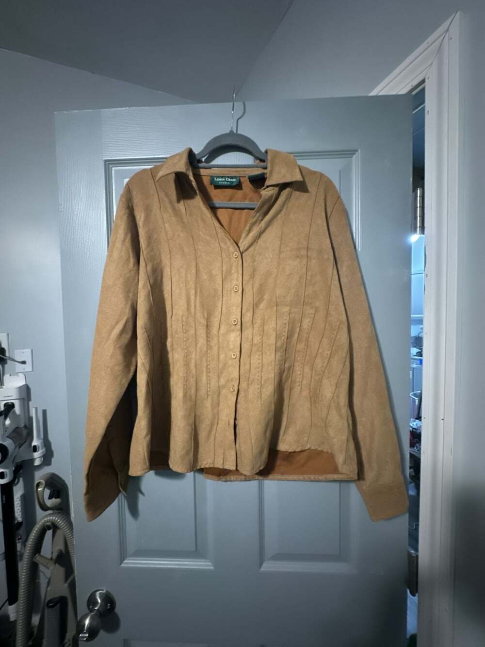 Lemon Grass Studio Tan Faux Suede Button-Up Shirt, Women's Size XL